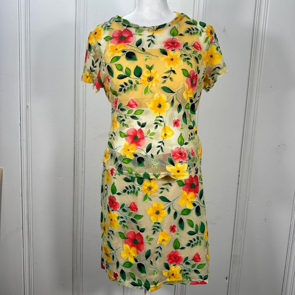 intage 90s Bridge Floral Mesh 3 Piece Skirt Set Crop Top Yellow